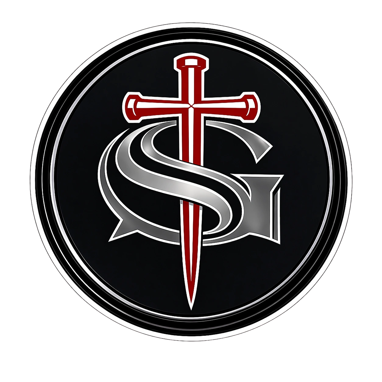 Solace Automotive Group mark — circular SG monogram with red nail cross on black
