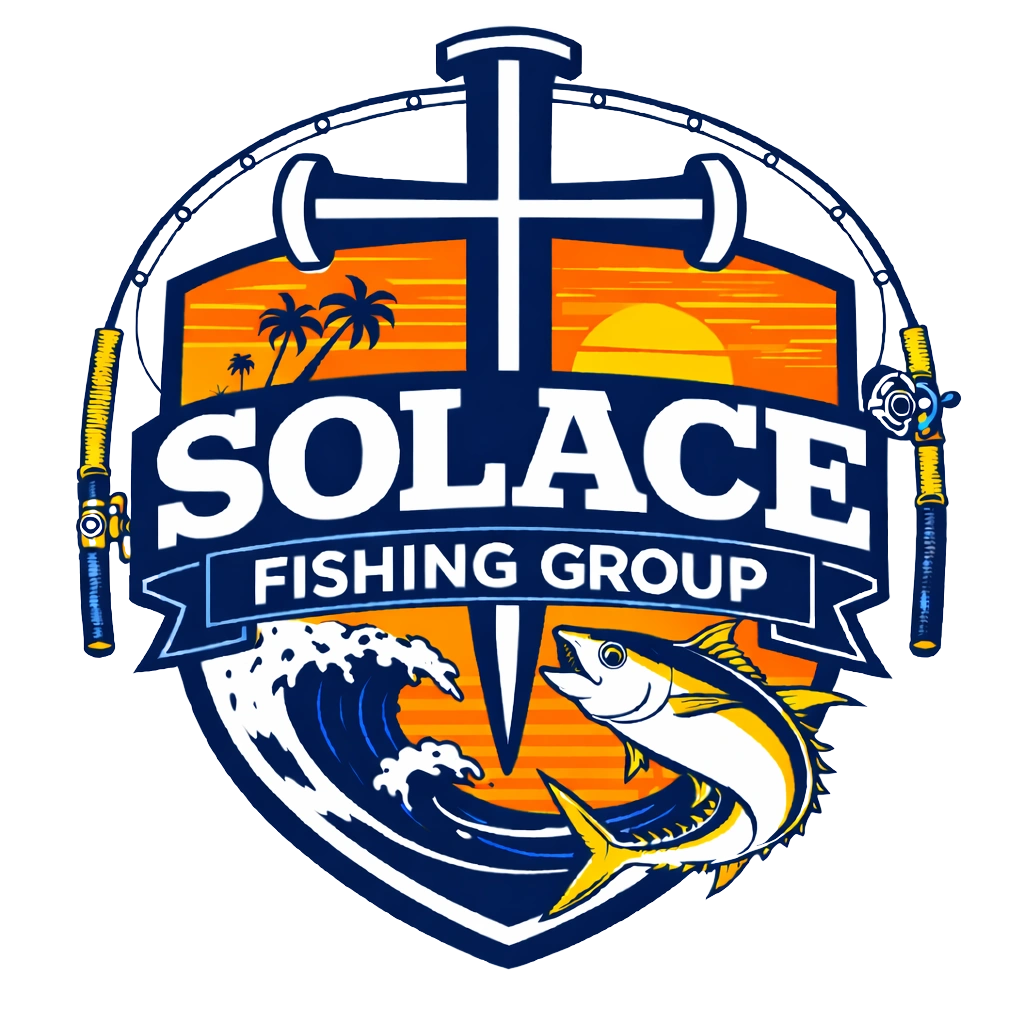 Solace Fishing Group crest — shield with sunset, cross, wave, and leaping tuna framed by a fishing rod