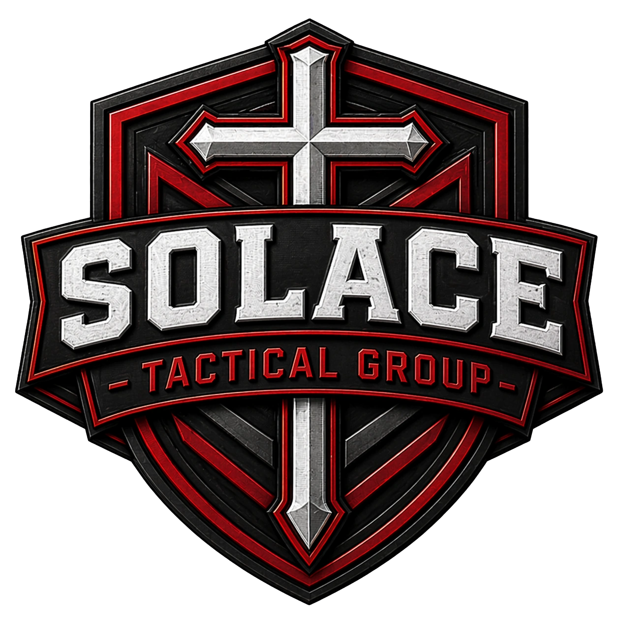 Solace Tactical Group crest — metallic Solace wordmark, cross, and Tactical Group banner on a black shield