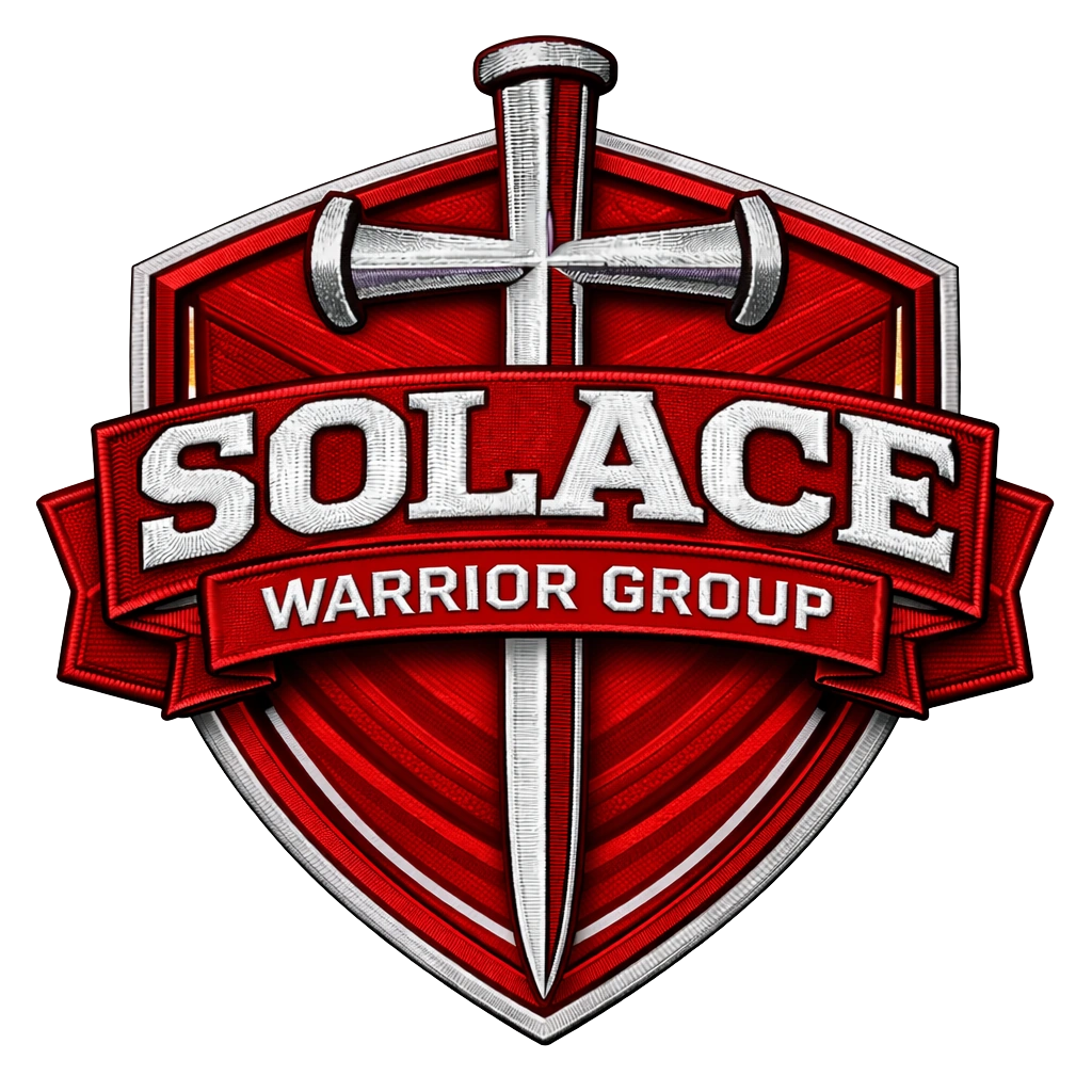 Solace Warrior Group patch — red shield with Solace and Warrior Group banners and nail-cross sword