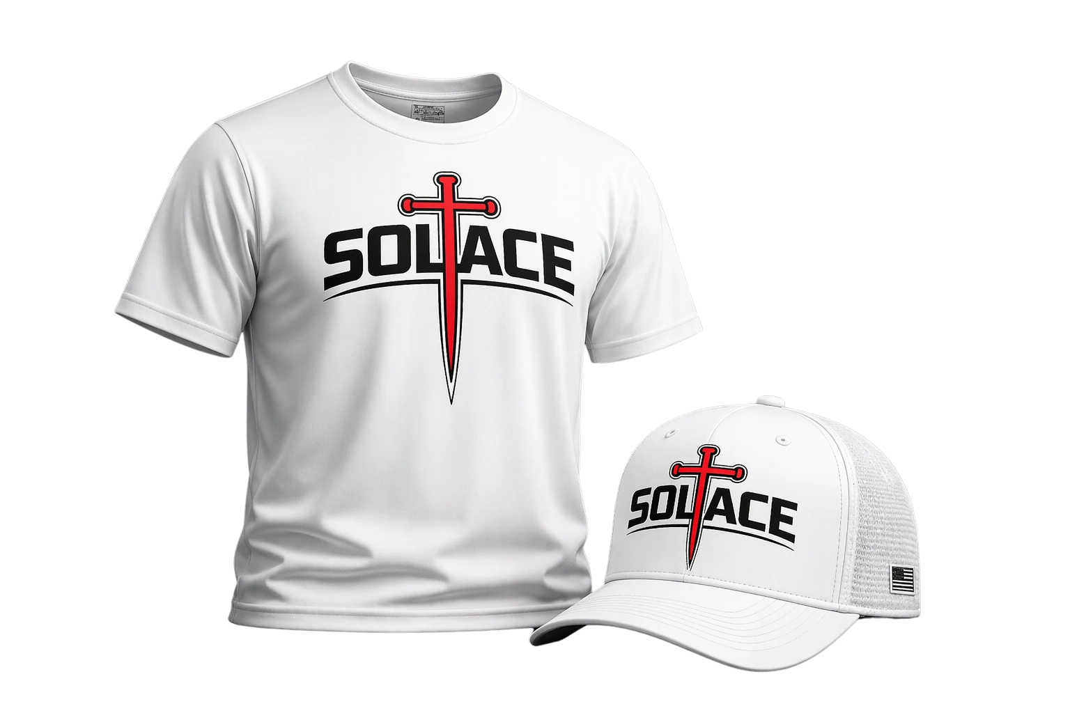 Christian apparel — white Solace t-shirt and trucker hat with the Solace mark and red sword graphic on black
